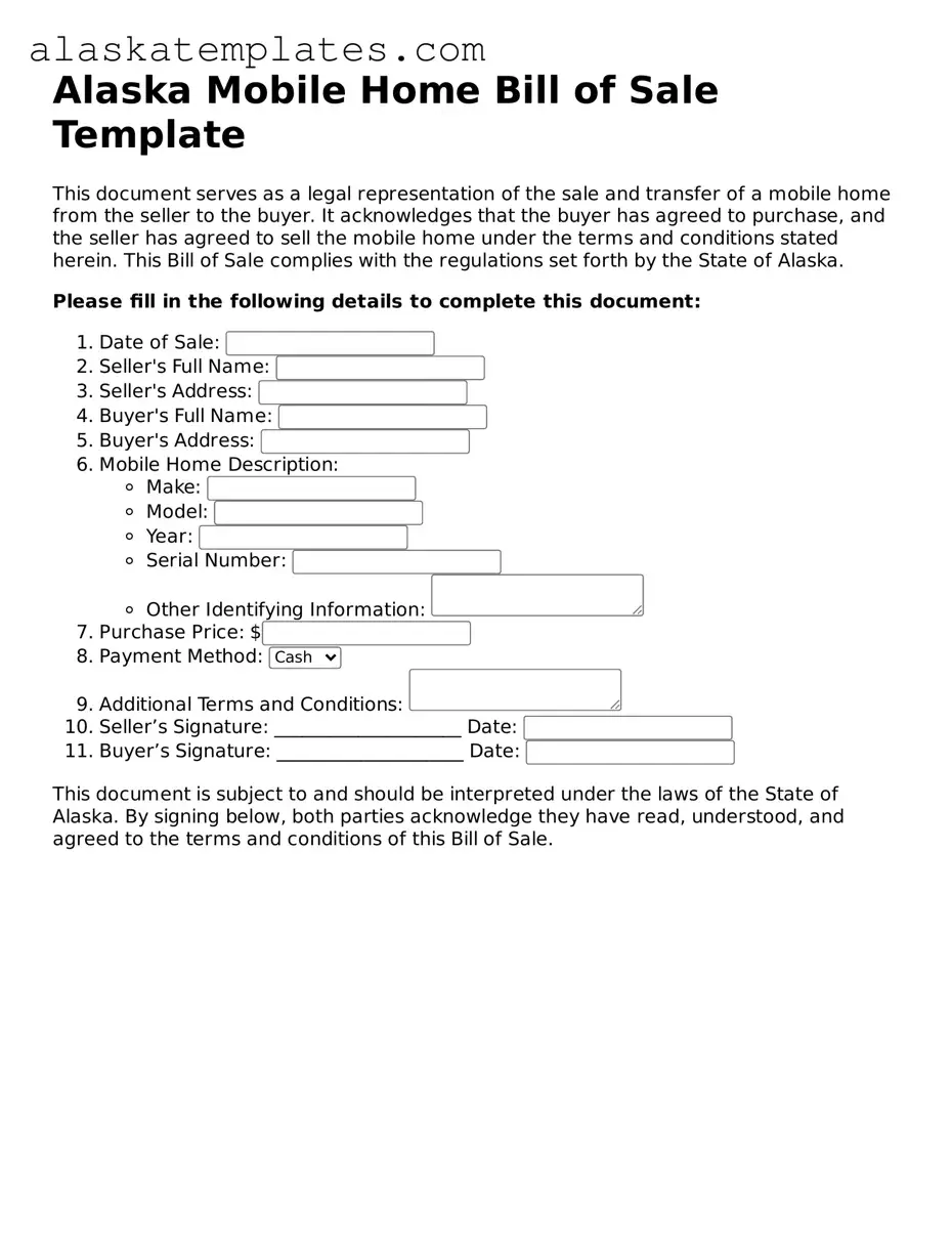 Free Alaska Mobile Home Bill of Sale Form