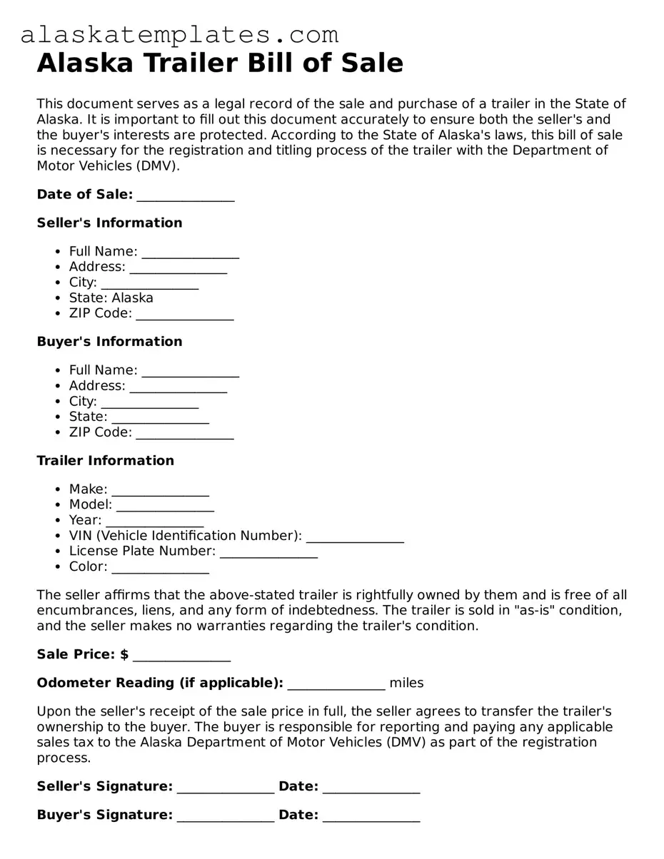 Free Alaska Trailer Bill of Sale Form