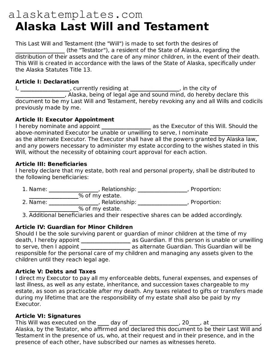 Free Alaska Last Will and Testament Form