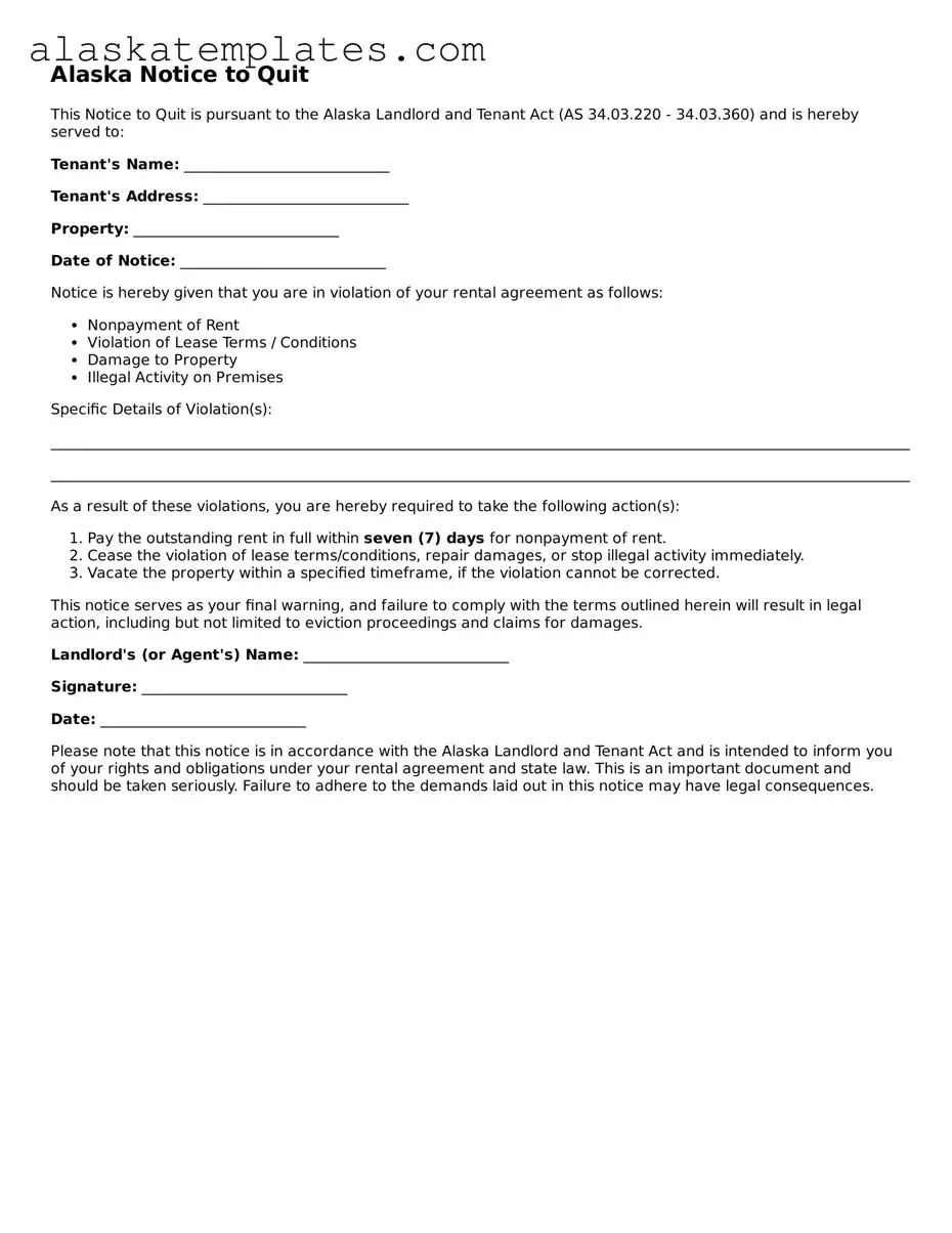 Free Alaska Notice to Quit Form