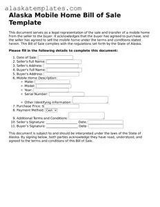 Free Alaska Mobile Home Bill of Sale Form