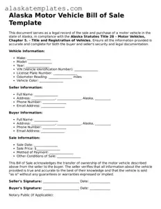 Free Alaska Motor Vehicle Bill of Sale Form
